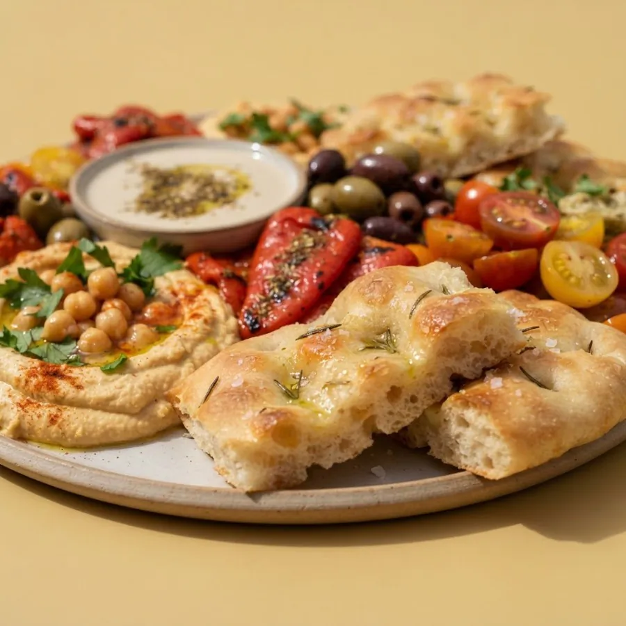 Focaccia, houmous et crème de poivrons à partager, photo 2