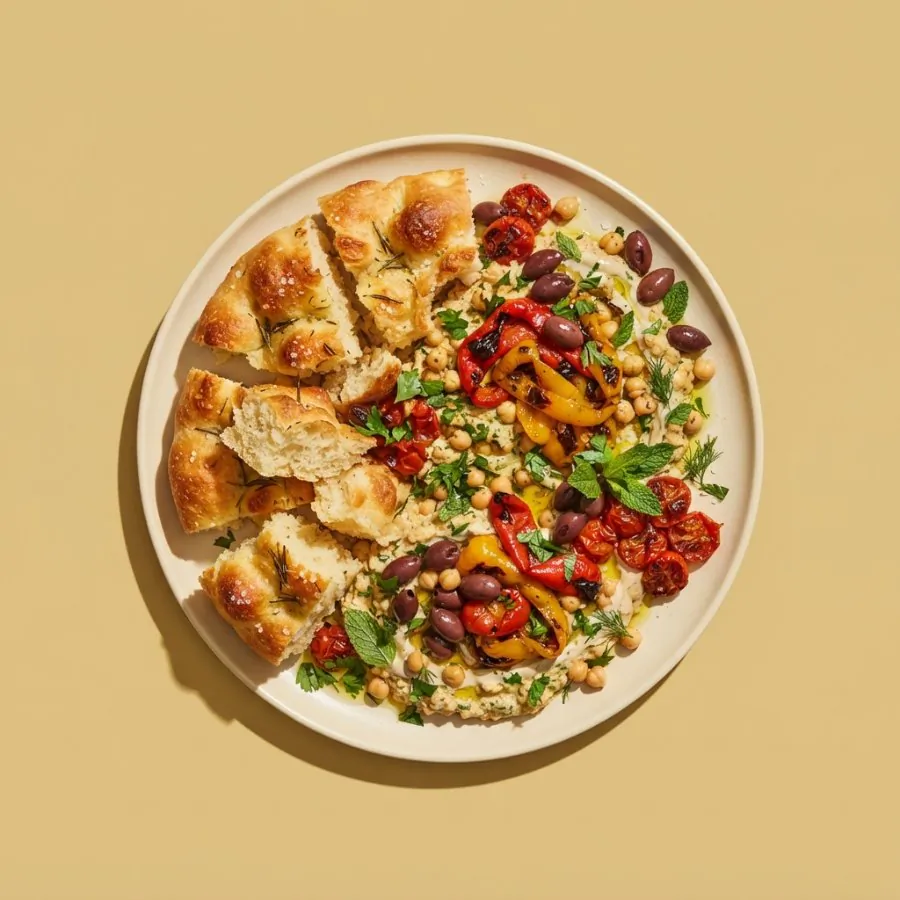 Focaccia, houmous et crème de poivrons à partager