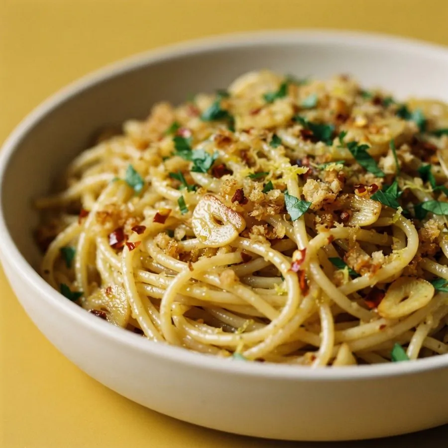 Spaghetti mit Knoblauch, Chili und Paniermehl, Foto 2