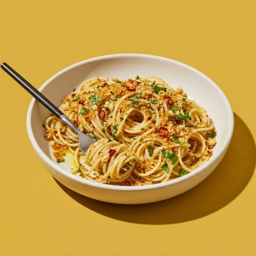 Spaghetti mit Knoblauch, Chili und Paniermehl, Foto 3