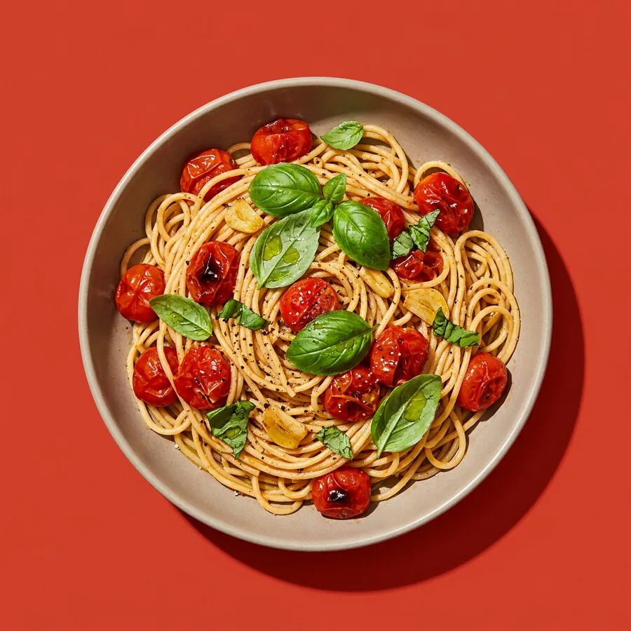 Espaguete com tomate-cereja e manjericão
