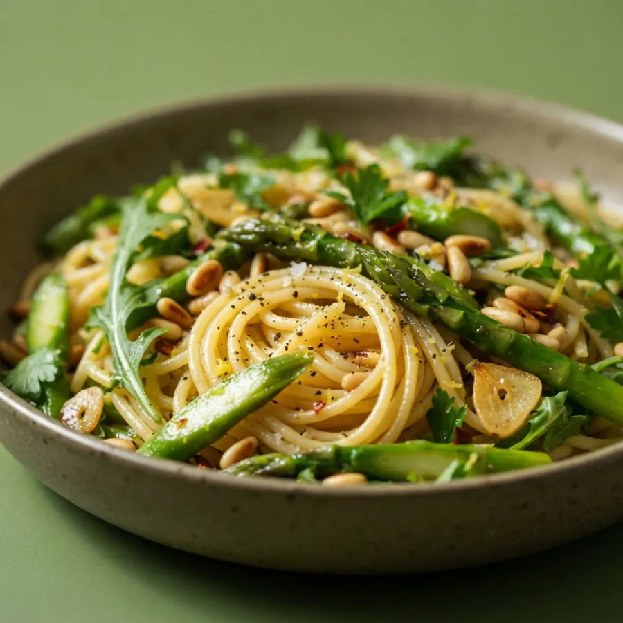 Spaghetti mit grünem Spargel und Pinienkernen, Foto 2