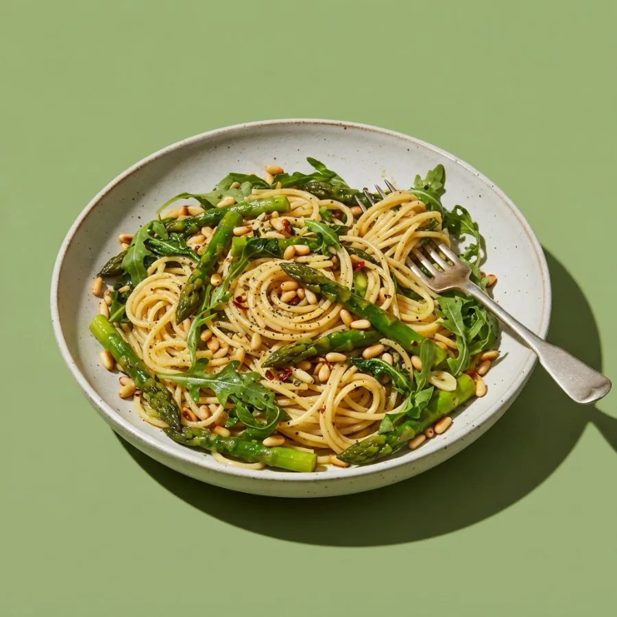 Spaghetti mit grünem Spargel und Pinienkernen, Foto 3