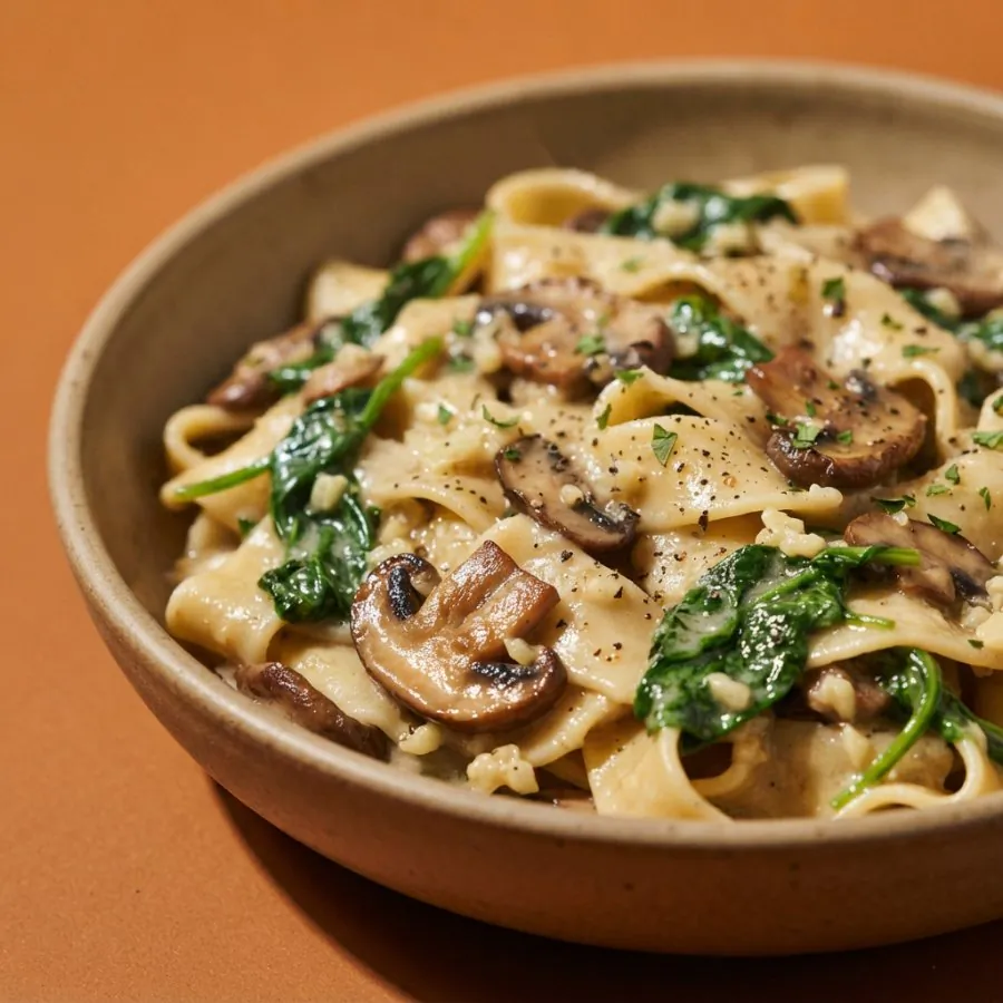 Macarrão cremoso com cogumelos e espinafre, foto 2