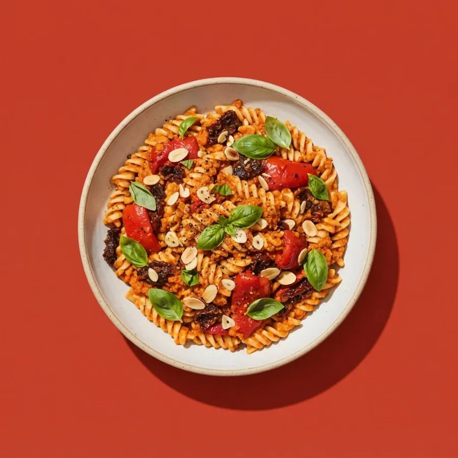 Pasta con pimientos asados y tomates secos