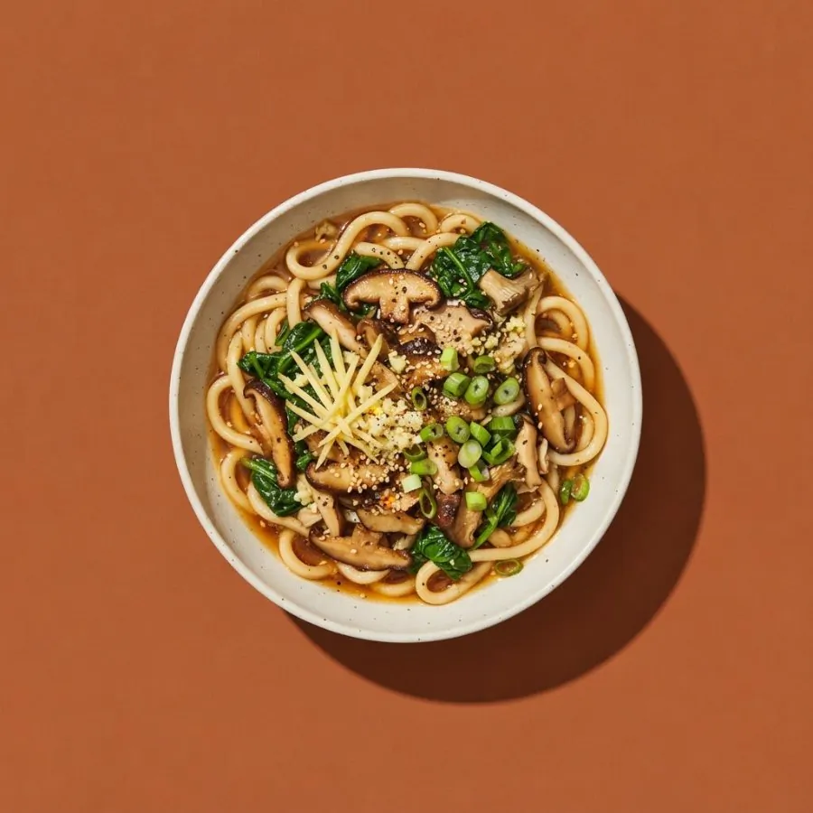 Udon mit Champignons, Spinat und Ingwer