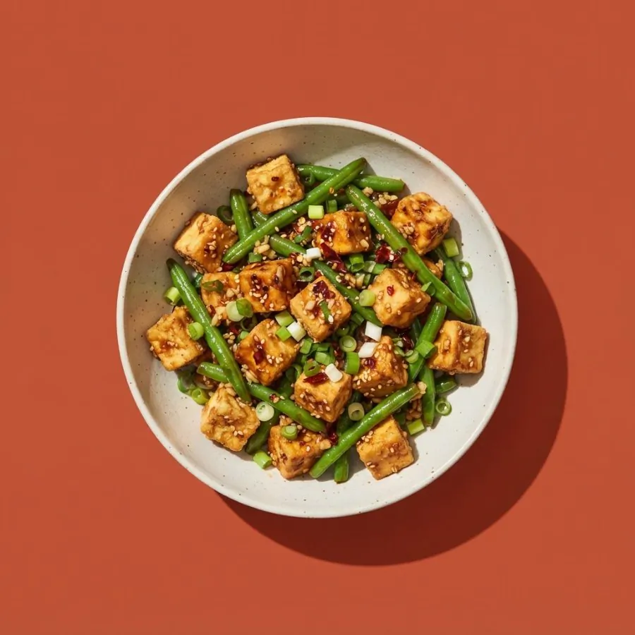 Tofu croustillant au piment et aux haricots verts