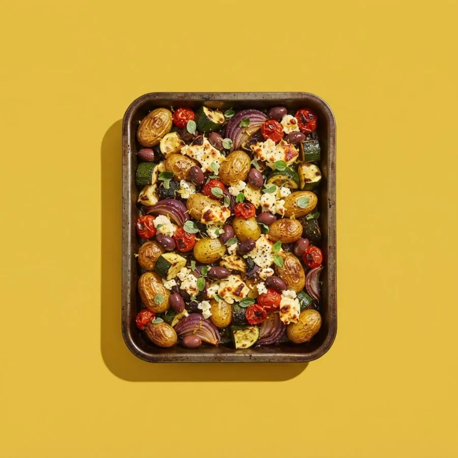 Bandeja de patatas al limón y orégano con feta