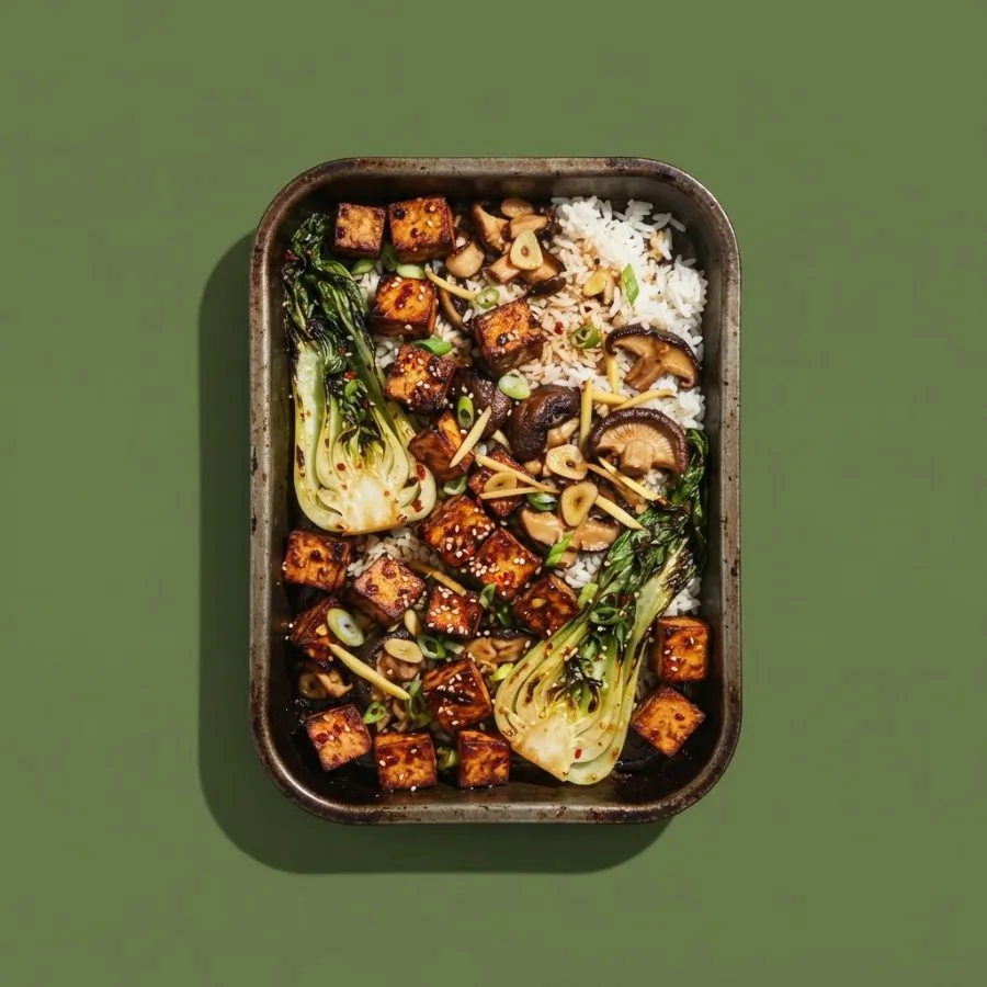 Teglia di tofu alla soia e zenzero con pak choi