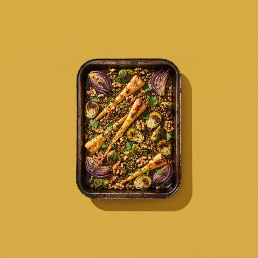 Maple parsnip, sprout and lentil traybake