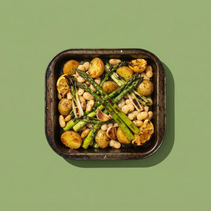 Asperges, pommes de terre et haricots de Lima rôtis au four