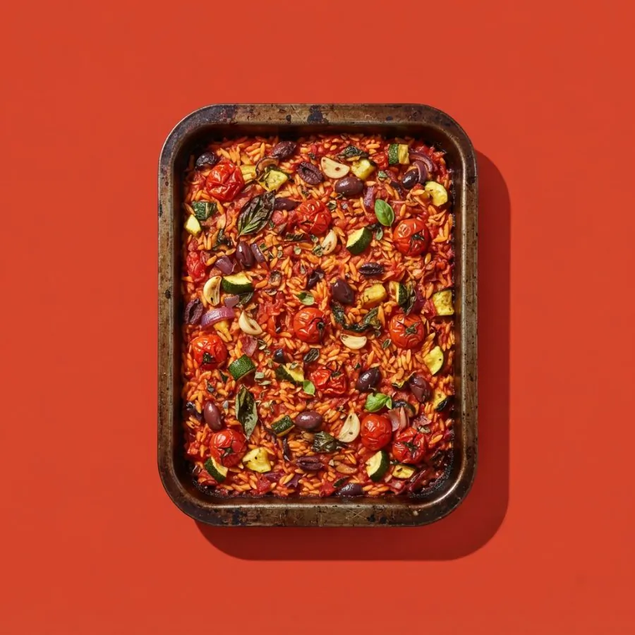 Risoni al forno con pomodorini e olive