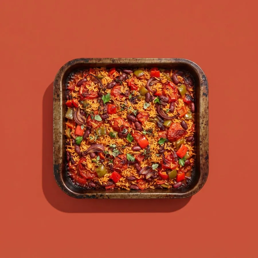 Gebackener Tomatenreis mit Paprika und Bohnen