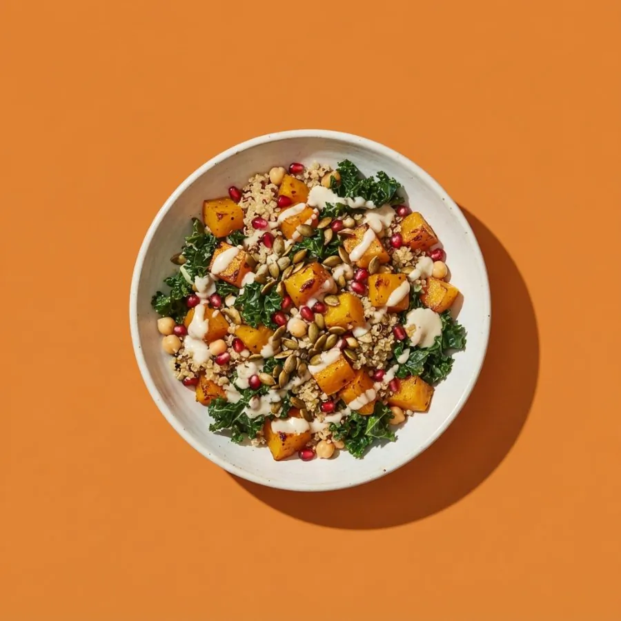 Bol de calabaza asada y quinoa con tahini