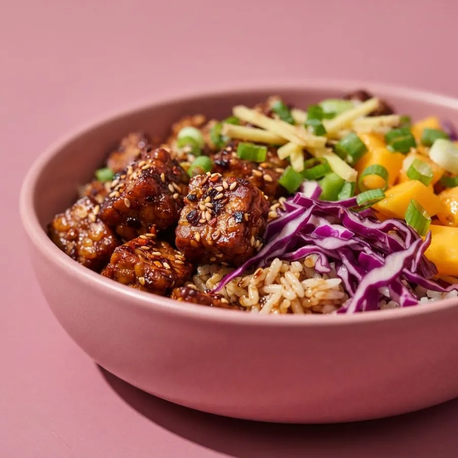 Klebrige Tempeh-Bowl mit Rotkohl und Mango, Foto 2