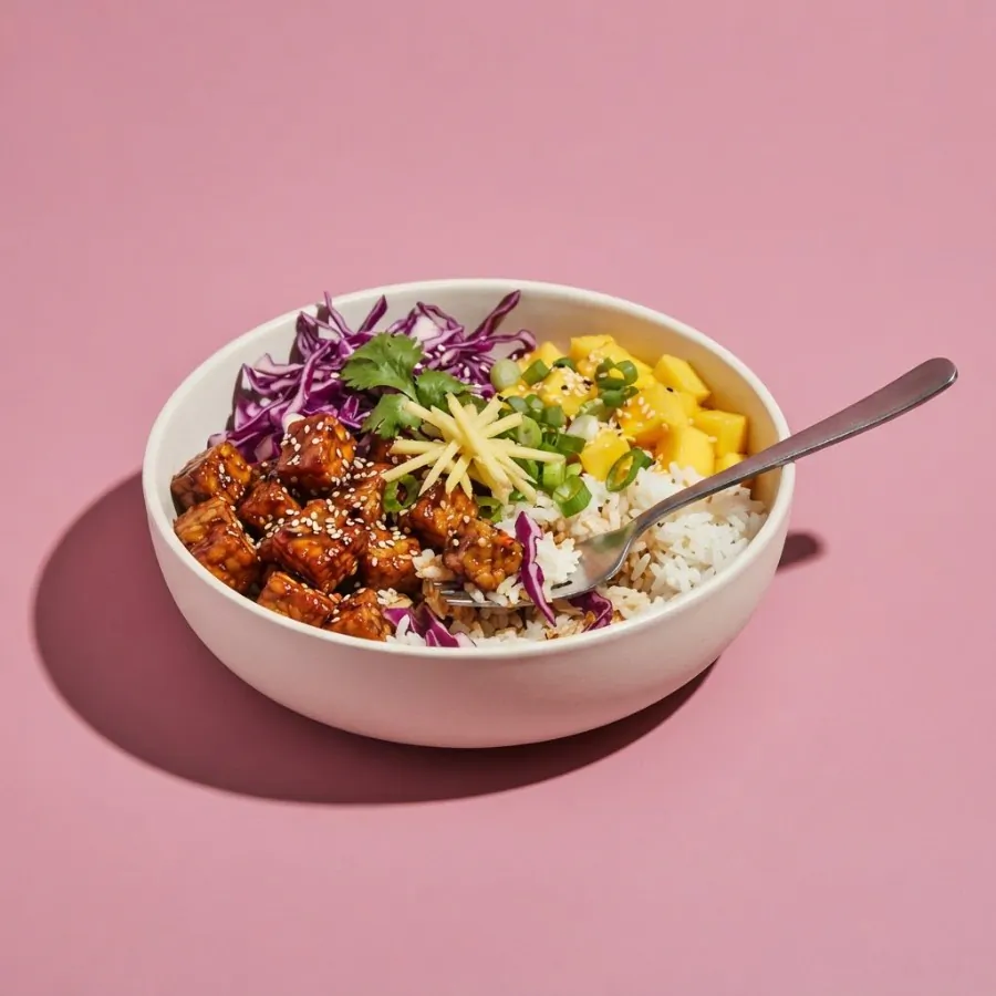 Klebrige Tempeh-Bowl mit Rotkohl und Mango, Foto 3