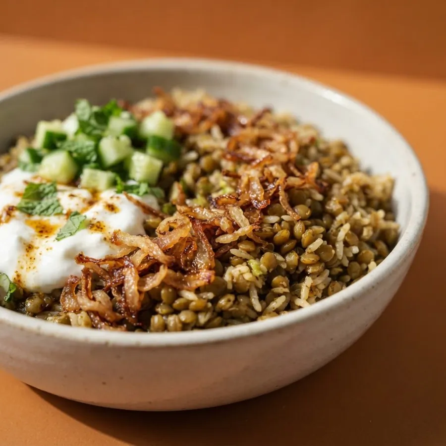 Bol de lentejas y arroz con cebolla crujiente, foto 2