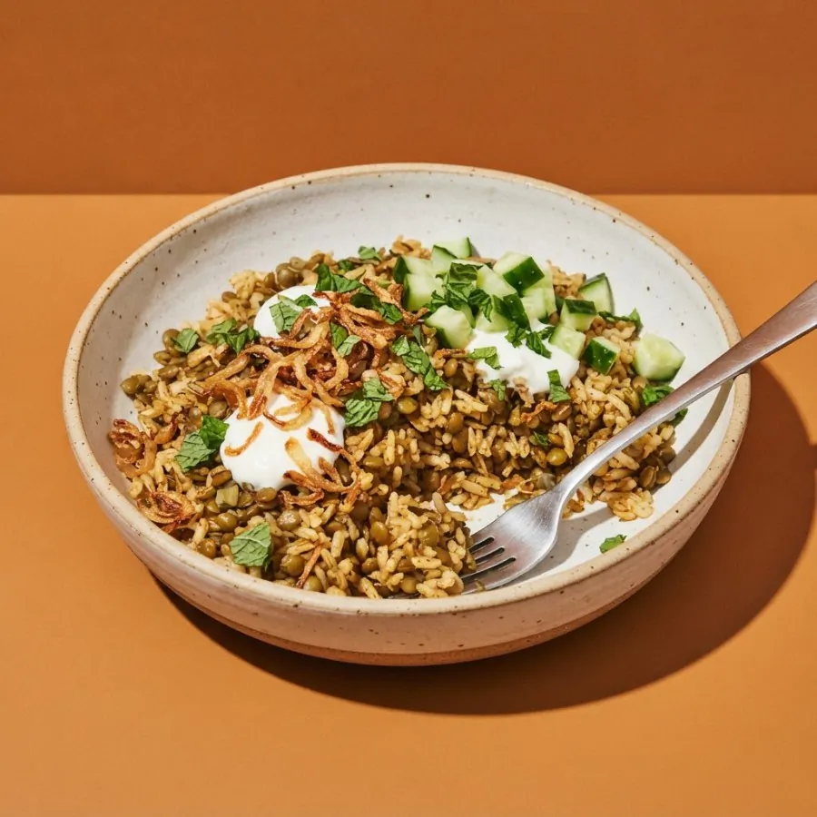 Bol de lentejas y arroz con cebolla crujiente, foto 3