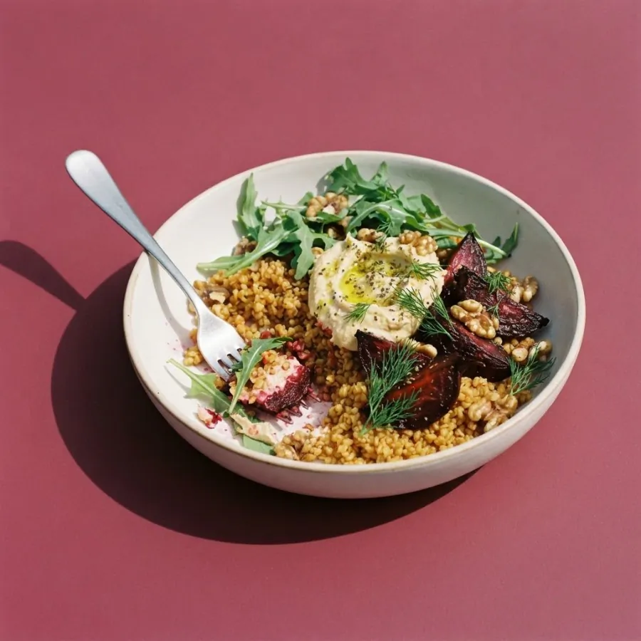 Geröstete Rote-Bete-Bulgur-Bowl mit Hummus, Foto 3