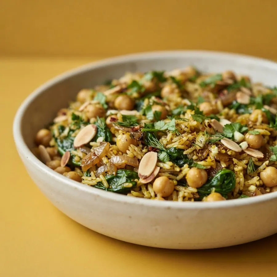 Pilaf de espinacas y garbanzos en una olla, foto 2