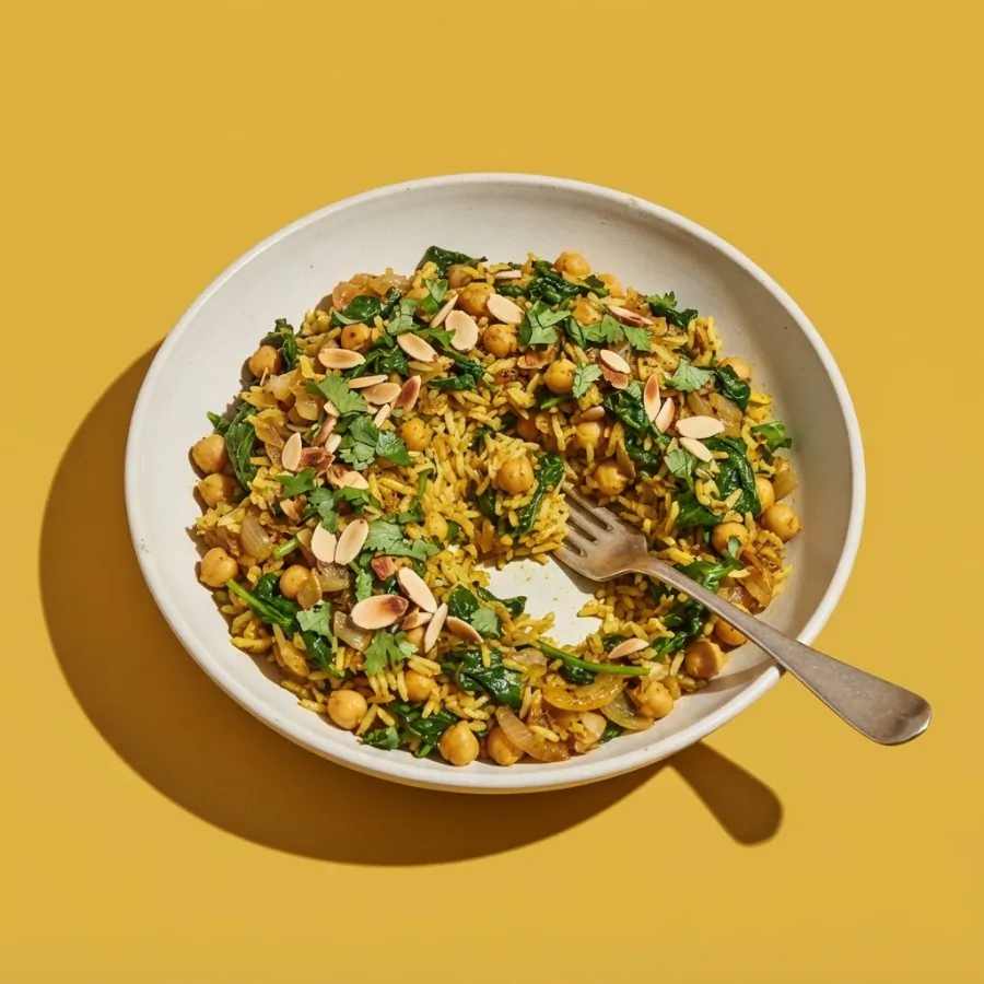 Pilaf de espinacas y garbanzos en una olla, foto 3