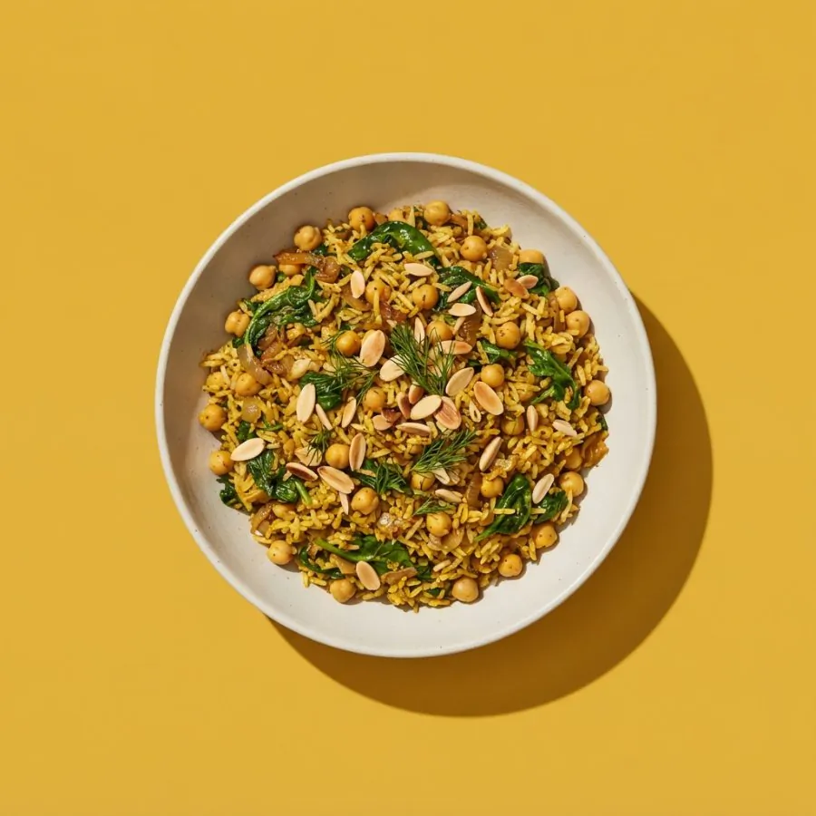 Pilaf de espinacas y garbanzos en una olla