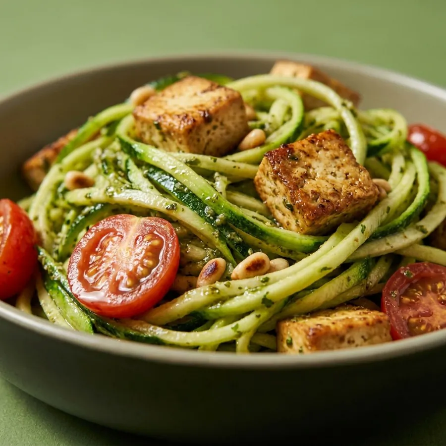 Courgettes en spaghettis, pesto, tofu et tomates cerises, photo 2