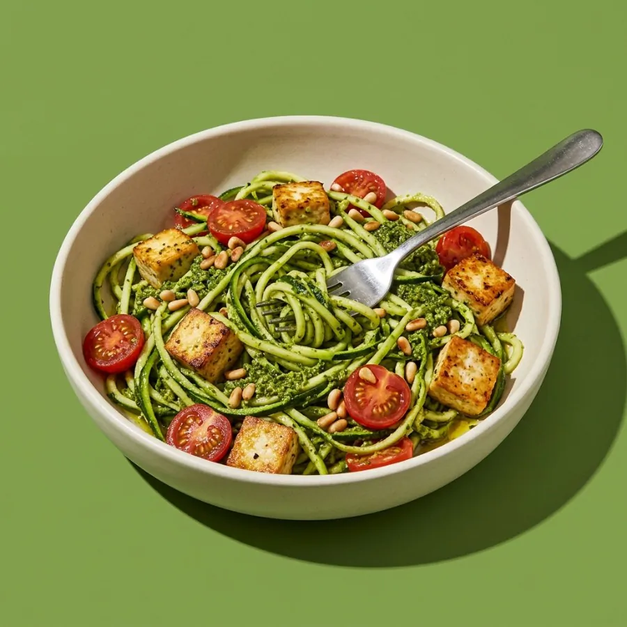 Courgettes en spaghettis, pesto, tofu et tomates cerises, photo 3