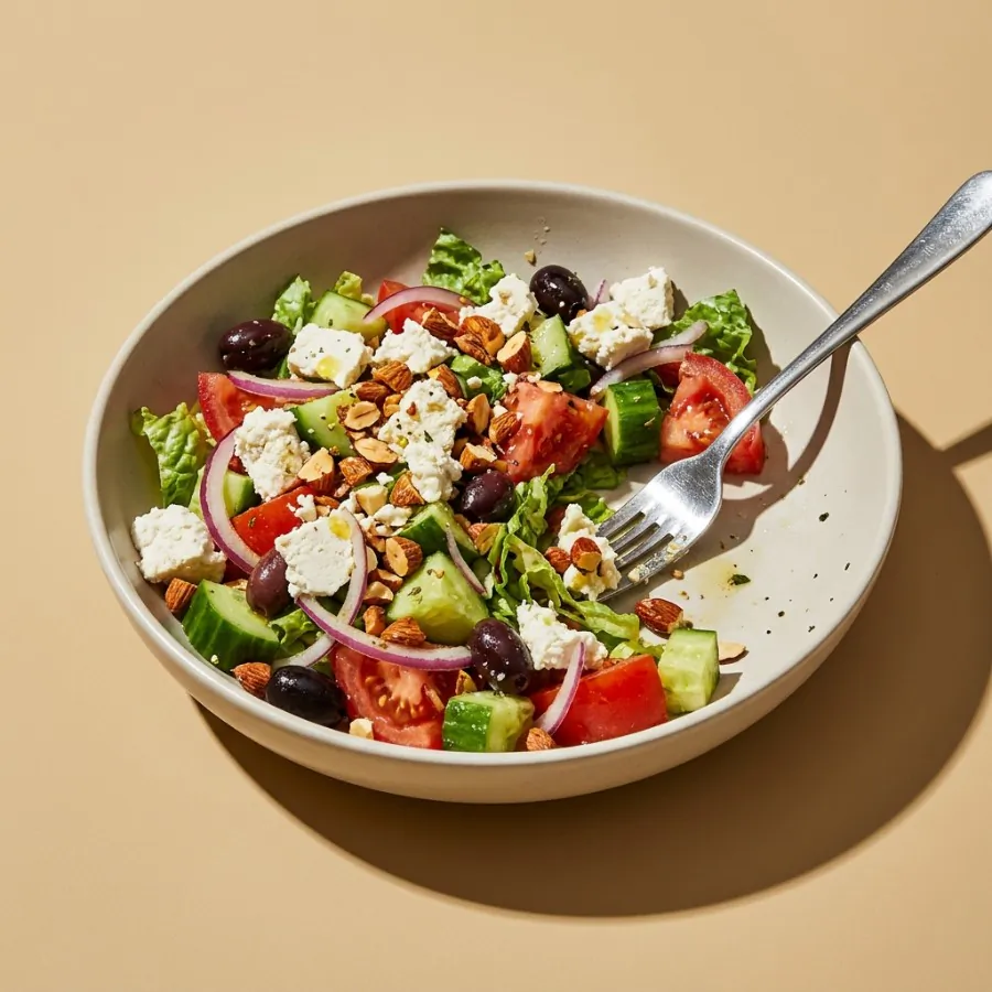 Gurkensalat mit Oliven, veganem Feta und Mandeln, Foto 3