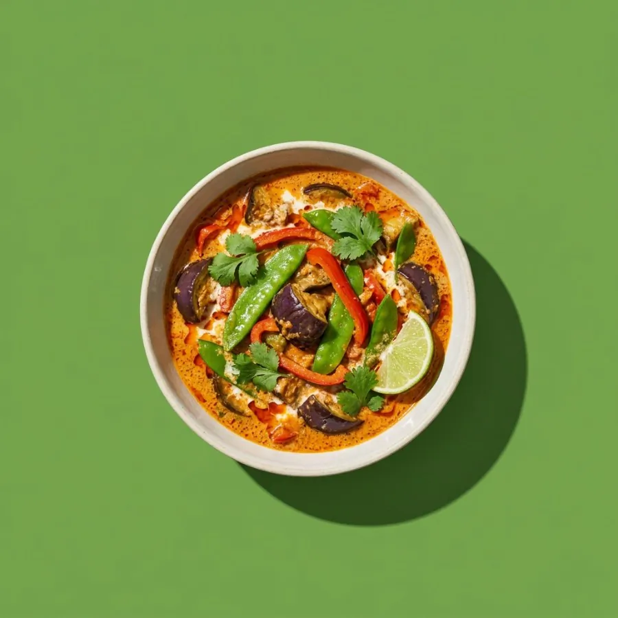 Curry rouge thaï à l'aubergine et aux pois gourmands