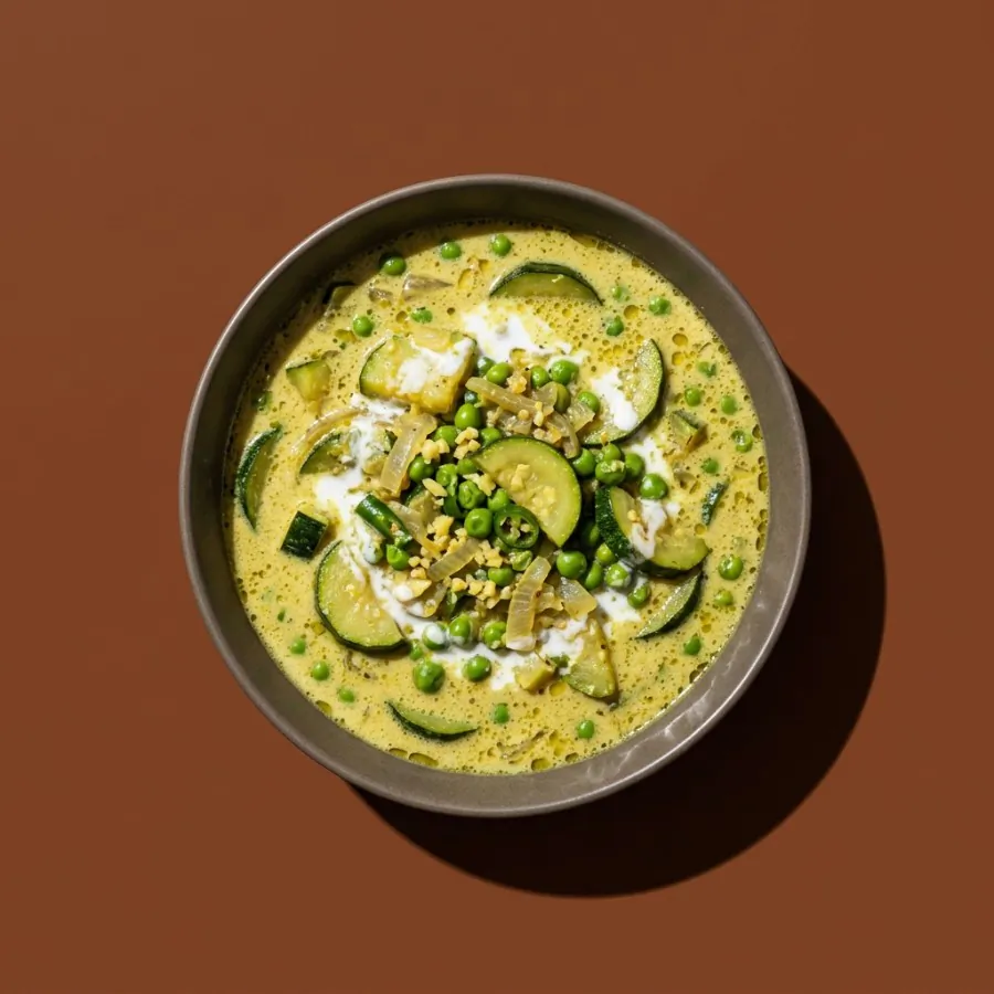 Curry de coco com abobrinha e ervilha