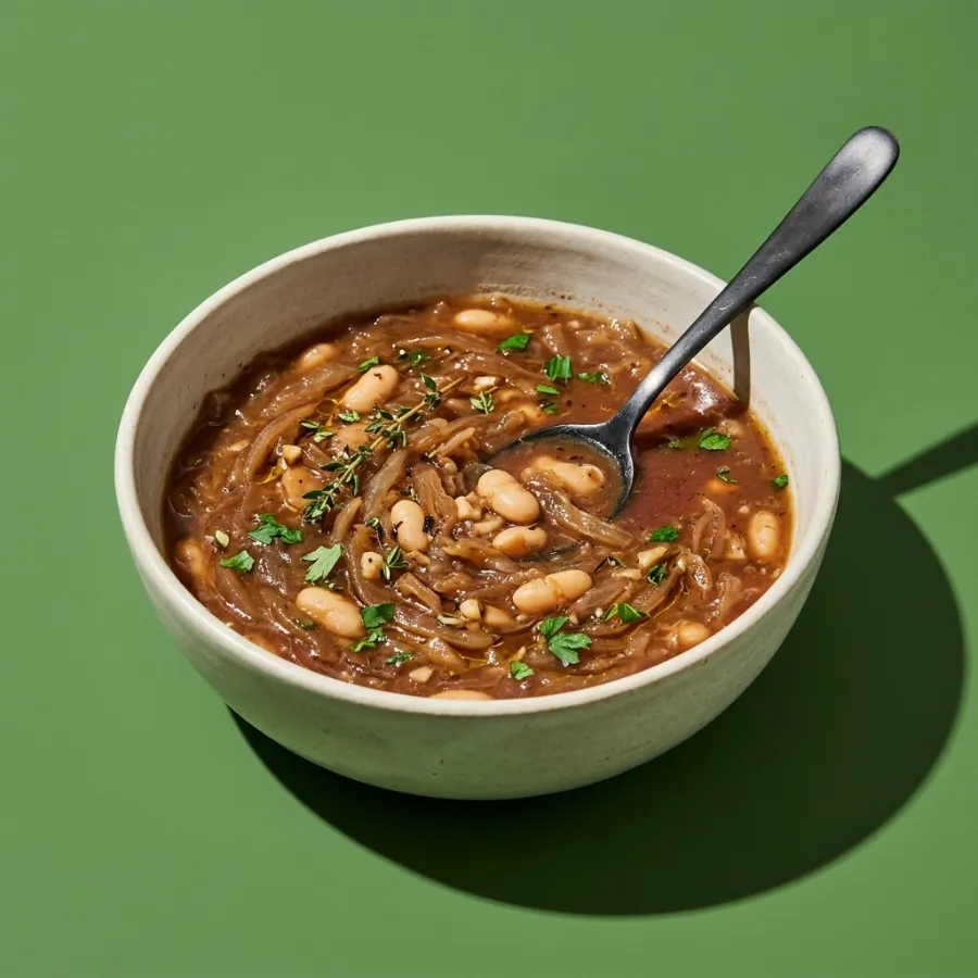 Sopa de cebola caramelizada e feijão-branco com tomilho, foto 3