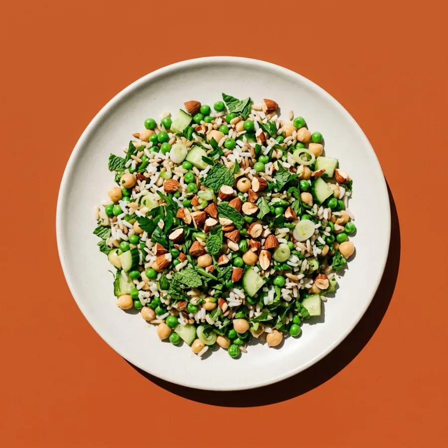 Salade de riz aux herbes, petits pois et amandes