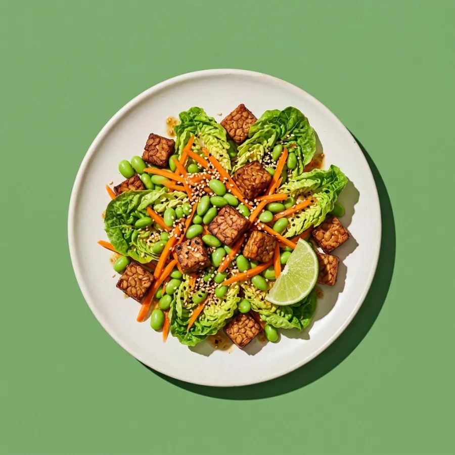 Ensalada de tempeh, edamame y zanahoria con aliño de jengibre