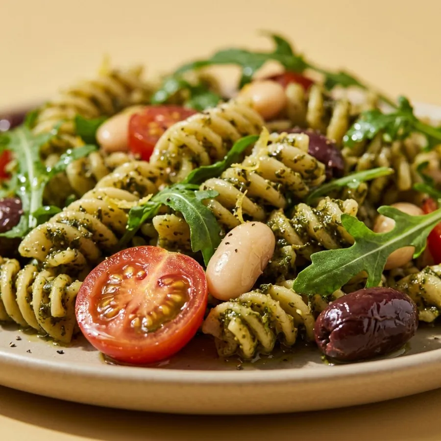 Salada de macarrão com pesto, tomate, azeitona e feijão-branco, foto 2