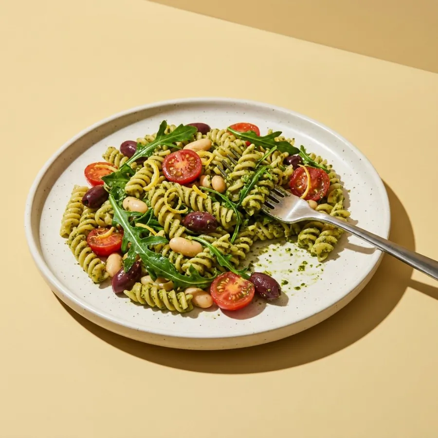 Salada de macarrão com pesto, tomate, azeitona e feijão-branco, foto 3
