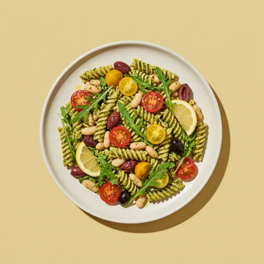 Salada de macarrão com pesto, tomate, azeitona e feijão-branco