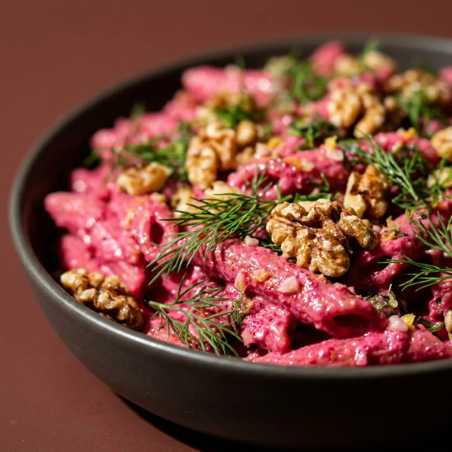 Pinke Nudeln mit Roter Bete, Walnüssen und Dill, Foto 2