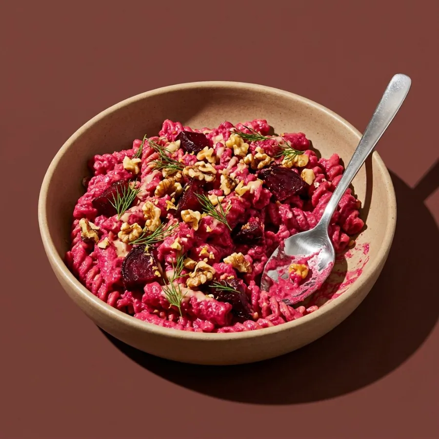 Pinke Nudeln mit Roter Bete, Walnüssen und Dill, Foto 3