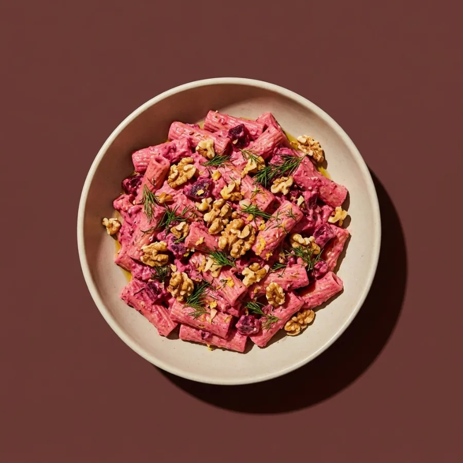 Pinke Nudeln mit Roter Bete, Walnüssen und Dill