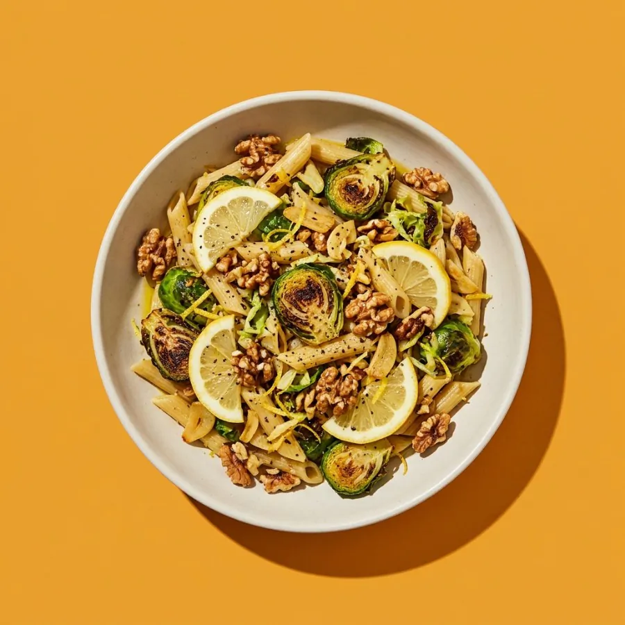 Pasta con cavolini di Bruxelles, noci e limone