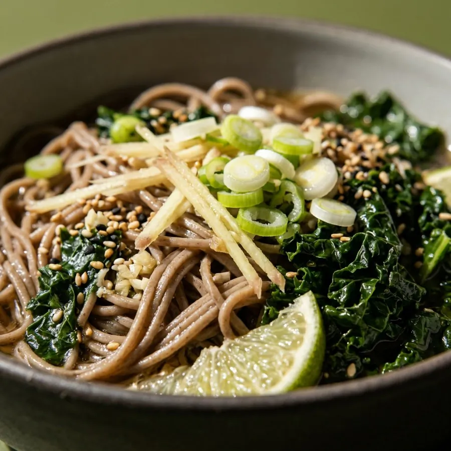 Warm soba with ginger, spring onion and kale, photo 2
