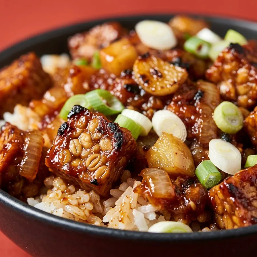 Tempeh-Bulgogi aus der Pfanne mit Reis, Foto 2