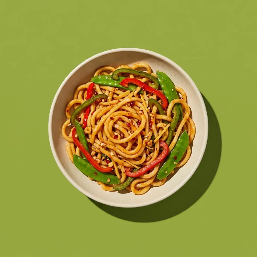 Udon con chile dulce, pimientos y tirabeques