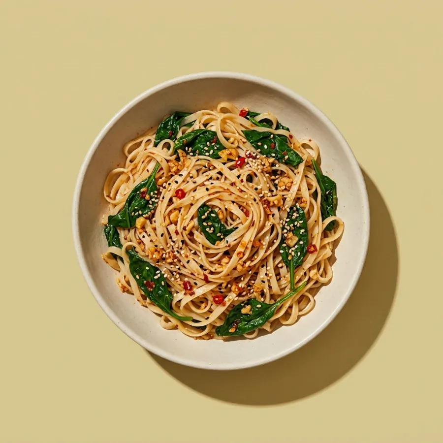 Chilli garlic rice noodles with spinach