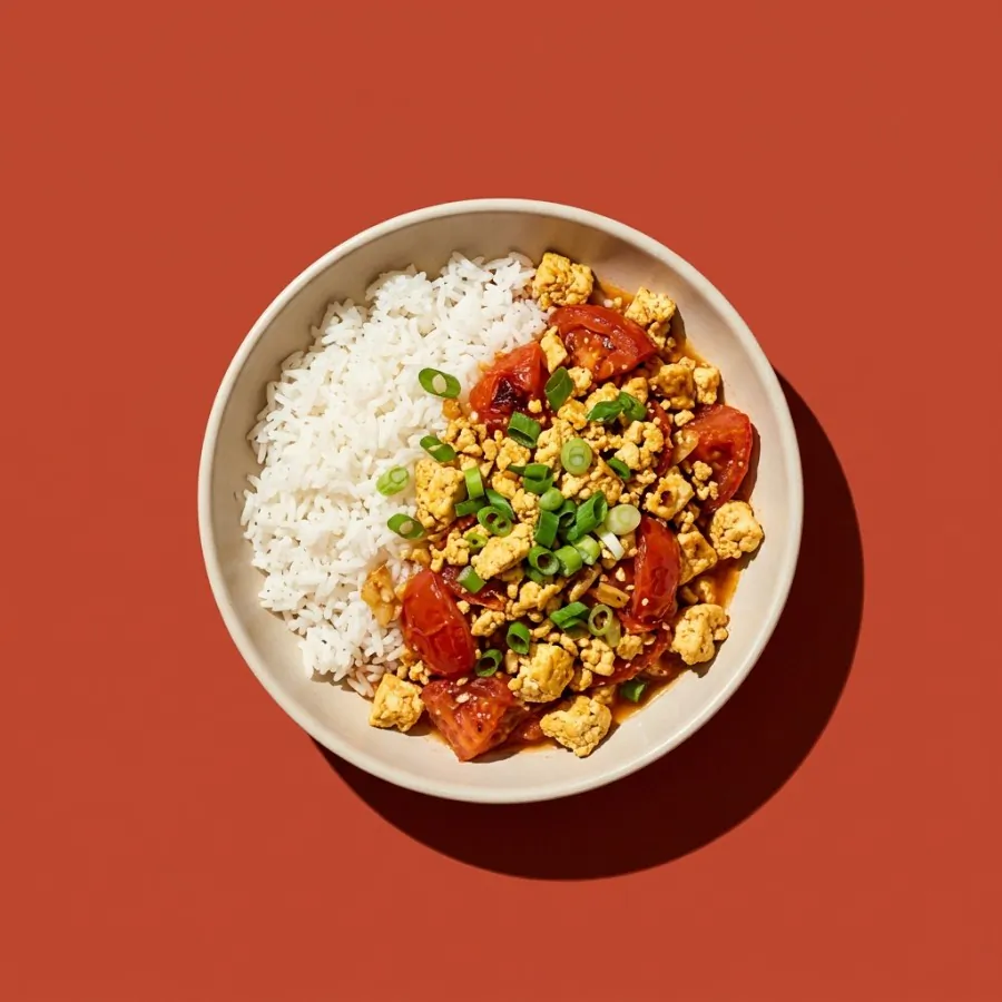 Sauté de tofu brouillé aux tomates, avec du riz