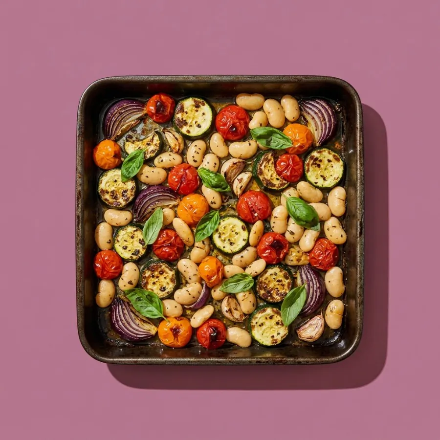 Courgette, tomato and butter bean traybake with basil