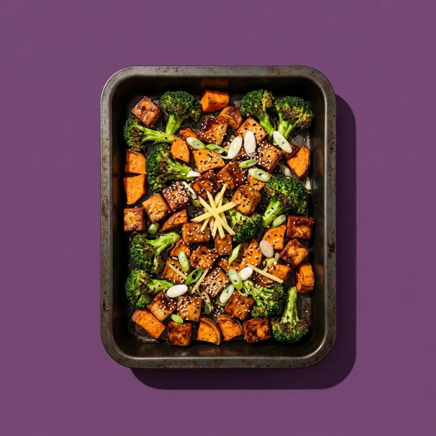 Tofu com tamari e xarope de bordo, brócolis e batata-doce