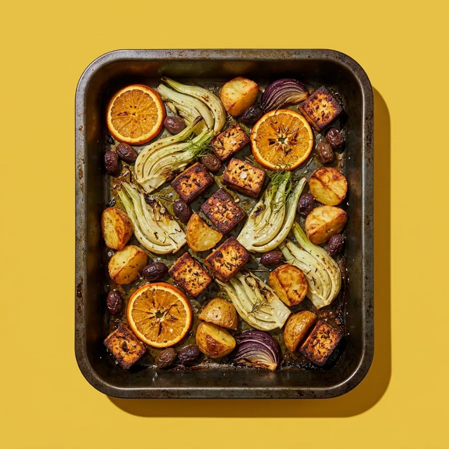 Bandeja al horno de hinojo, naranja y aceitunas con tofu