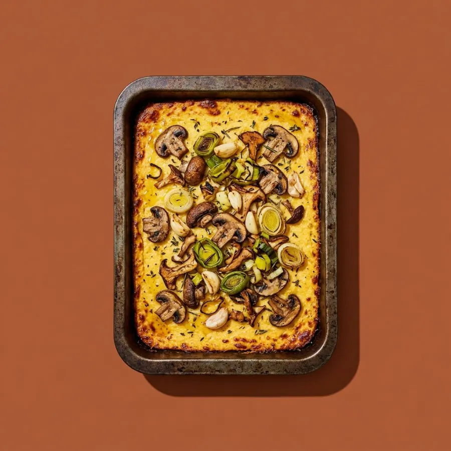 Polenta au four, champignons et poireaux
